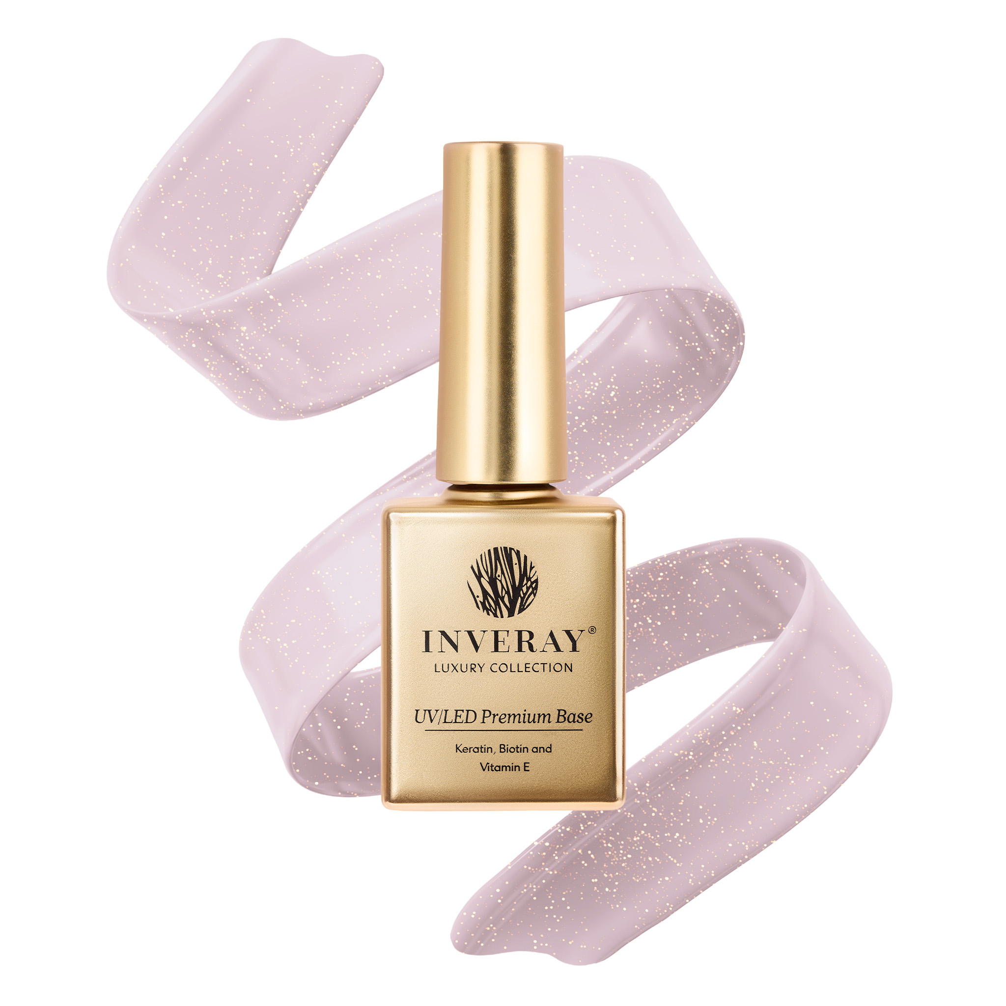 Baza hybrydowa Inveray PREMIUM RUBBER Birthday Kiss – różowy nude ze złotym Lumi-Dust – główny widok produktu