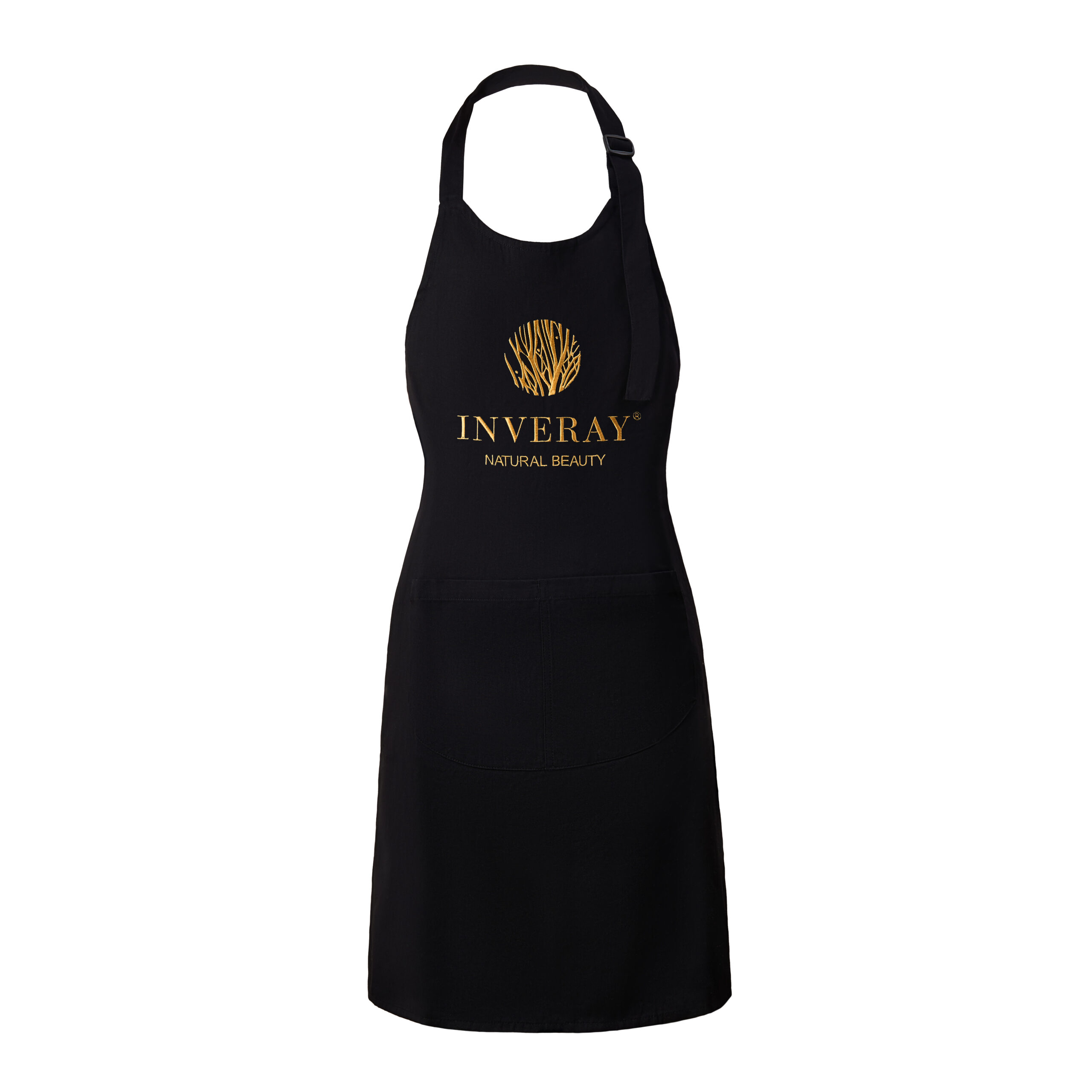 Stylowy czarny fartuch kosmetyczny dla stylistki z regulowanym paskiem i praktycznymi kieszeniami