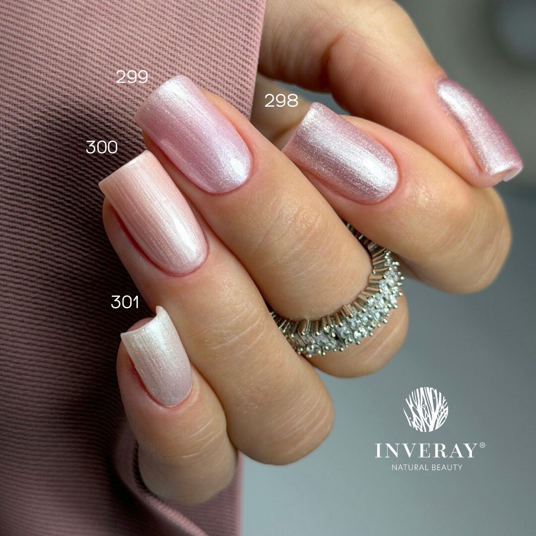Perłowe lakiery hybrydowe Inveray 298–301 – stylizacja paznokci w odcieniach różu, brzoskwini, fioletu i bieli