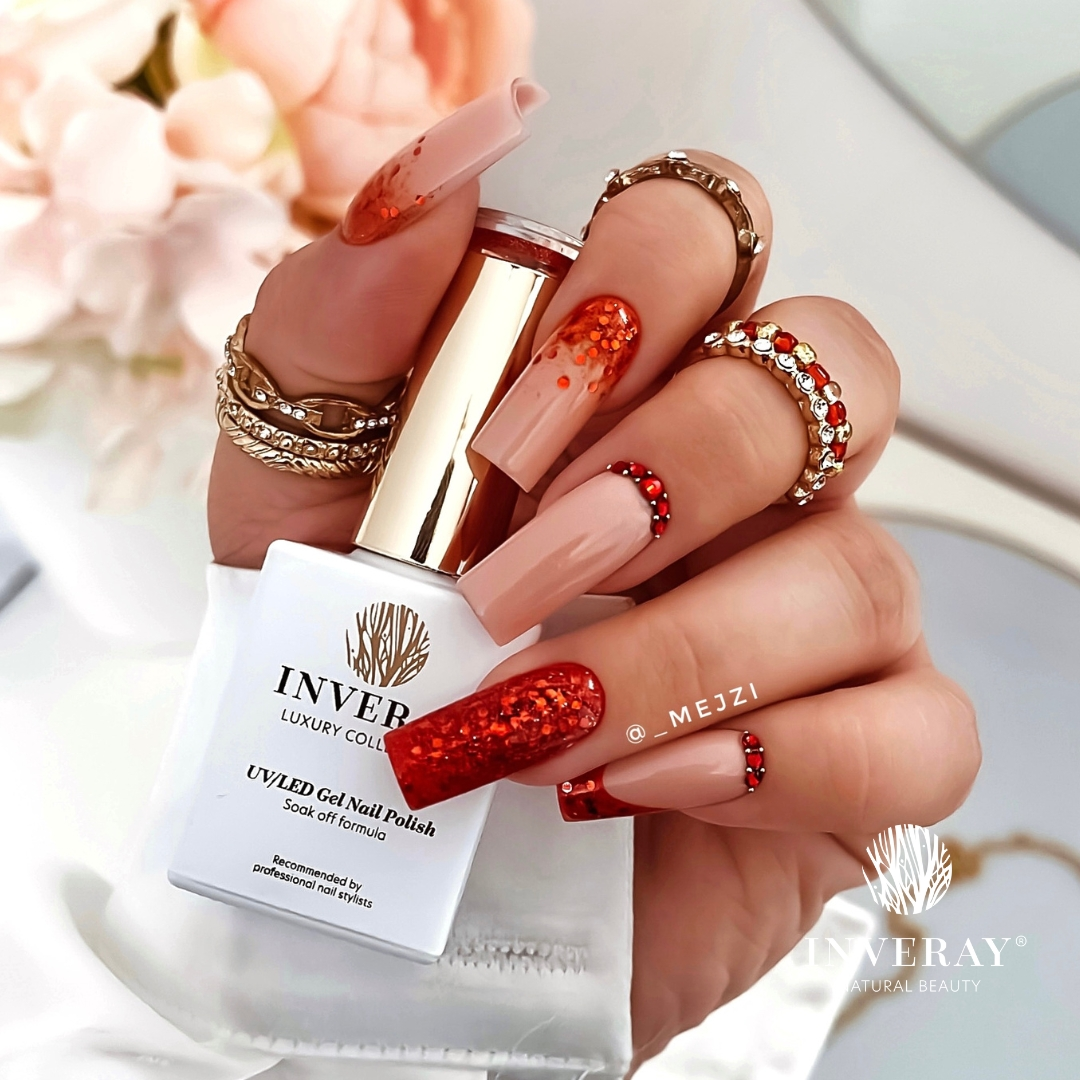 Lakier hybrydowy intensywna czerwień z brokatem Inveray No. 139 · CATWALK QUEEN - obrazek 3