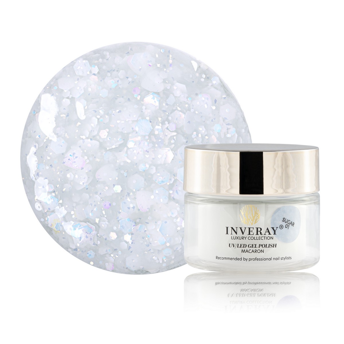 Lakier hybrydowy UV/LED Macaron 01 Sugar od INVERAY w perłowo-białym odcieniu z błyszczącymi drobinkami - główny widok produktu