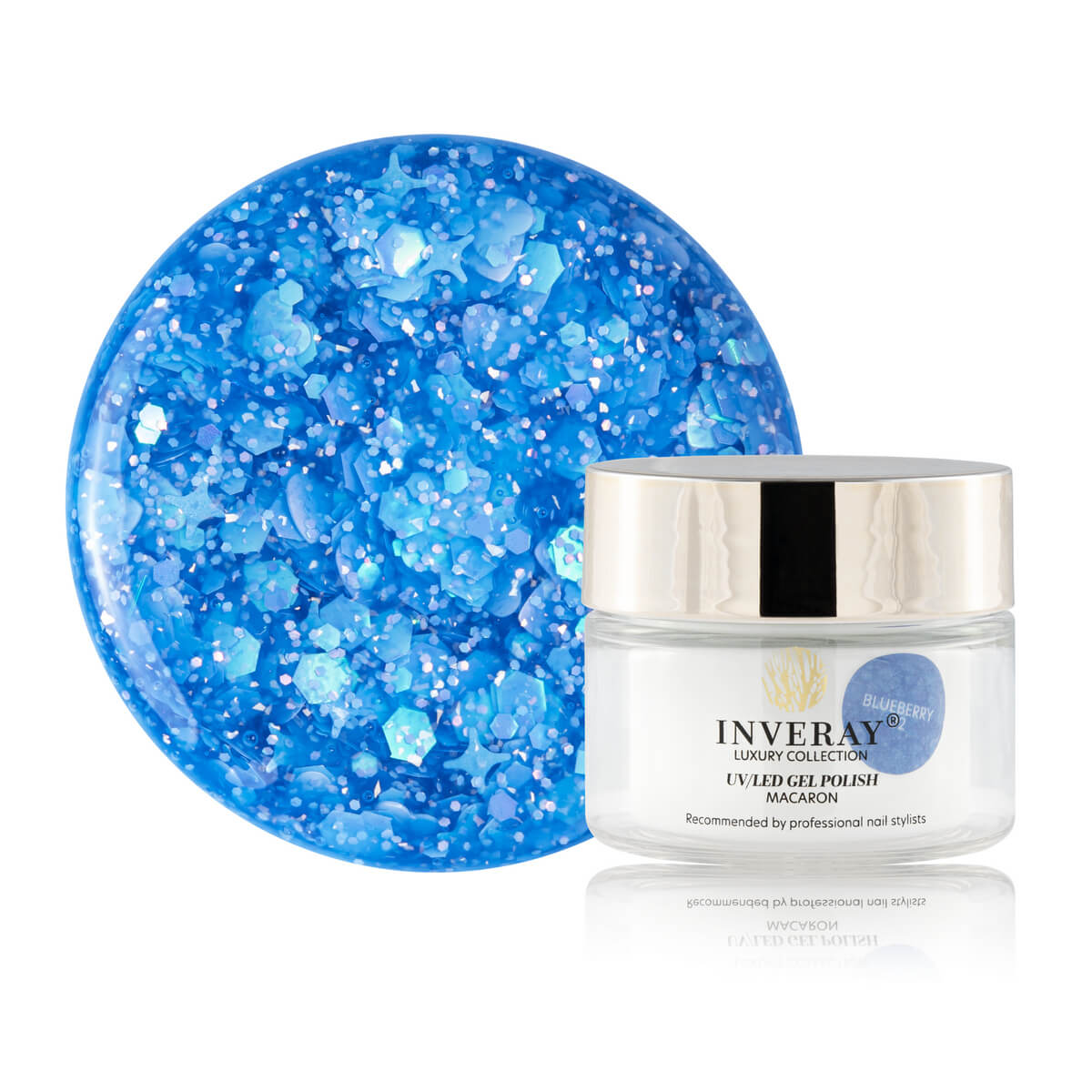 Lakier hybrydowy UV/LED Macaron 02 Blueberry w błękitnym odcieniu z połyskującymi drobinkami - główny widok produktu