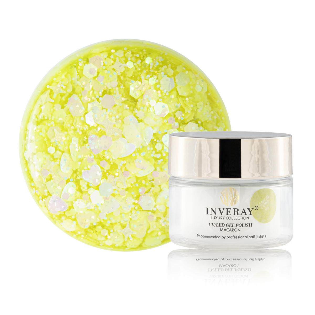 Lakier hybrydowy UV/LED Macaron No 05 LEMON CURD w intensywnym żółtym odcieniu z połyskującymi drobinkami - główny widok produktu