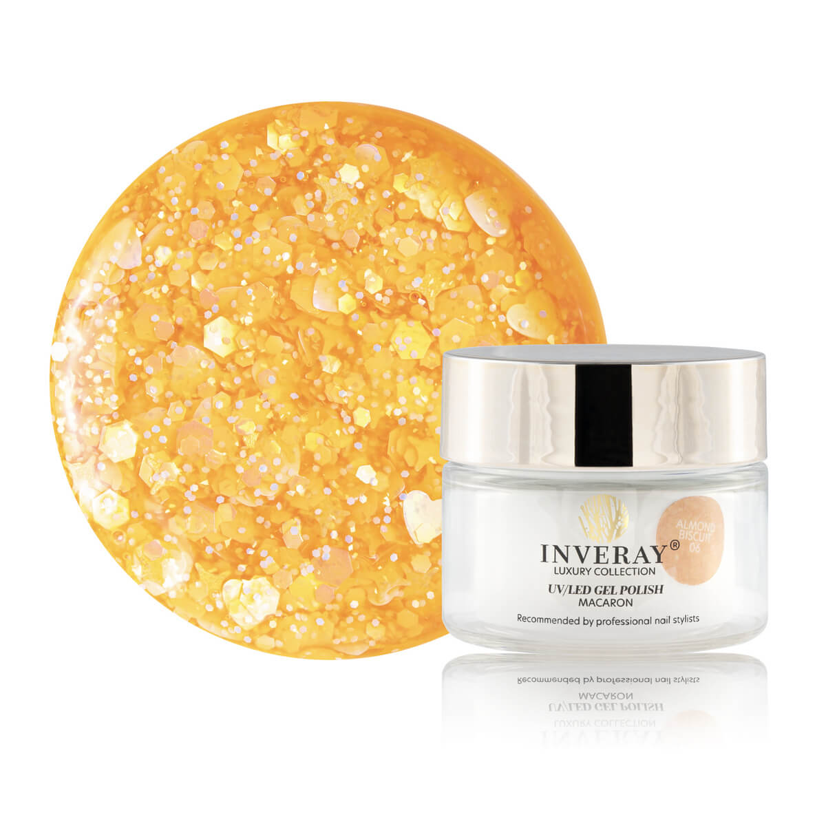 Lakier hybrydowy UV/LED Macaron No 06 Almond Biscuit w pomarańczowym odcieniu z połyskującymi drobinkami - główny widok produktu