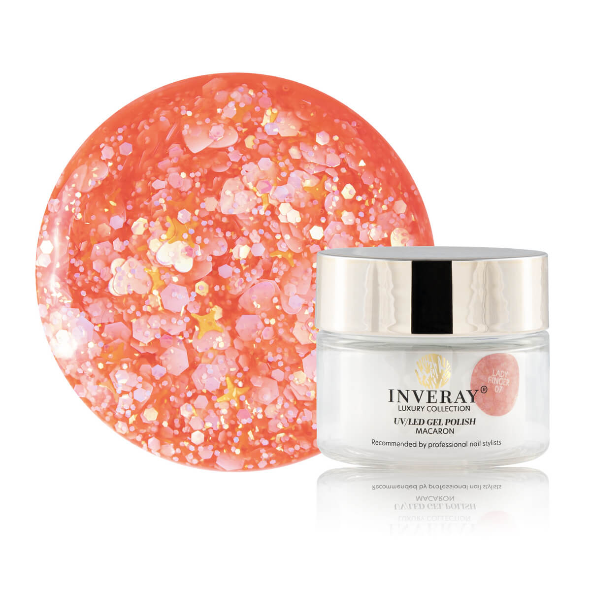 Lakier hybrydowy UV/LED Macaron No 07 LADYFINGER w eleganckim odcieniu z połyskującymi drobinkami - główny widok produktu