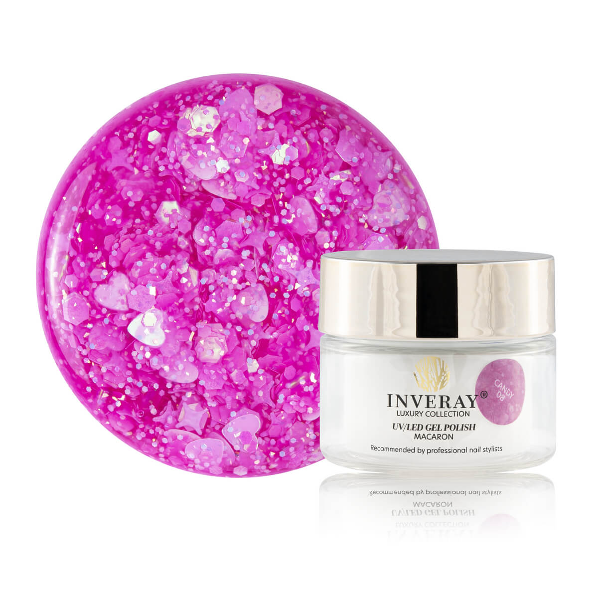 Lakier hybrydowy UV LED Macaron No 08 CANDY w intensywnym odcieniu z połyskującymi drobinkami - główny widok produktu