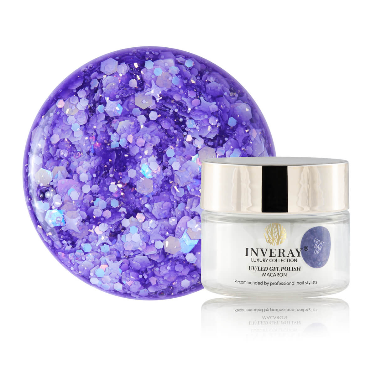 Lakier hybrydowy UV/LED Macaron No 09 FRUIT BAR w intensywnym odcieniu z połyskującymi drobinkami - główny widok produktu