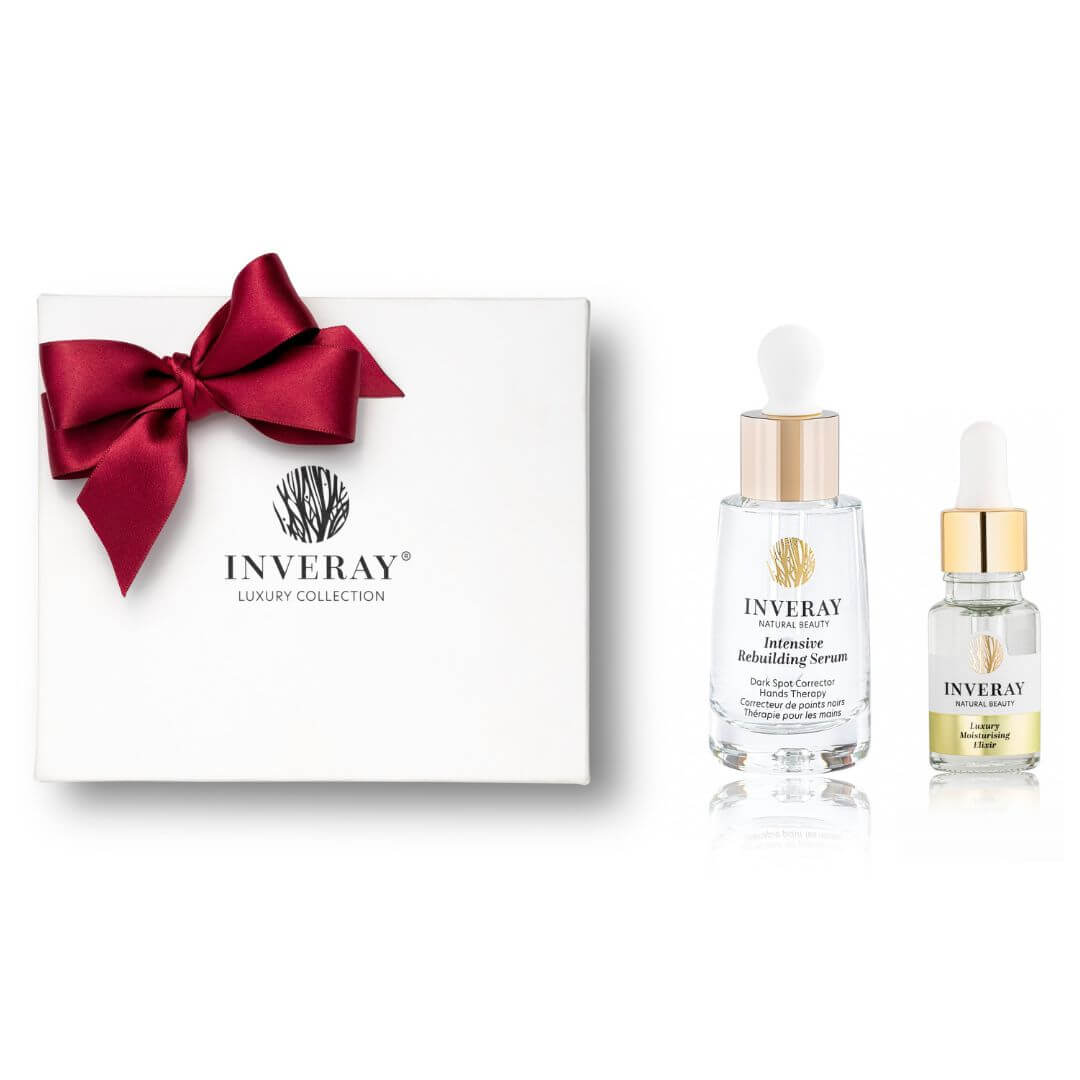 Opakowanie prezentowe z logo Inveray i dwoma buteleczkami - serum oraz odżywki z linii Holly Care